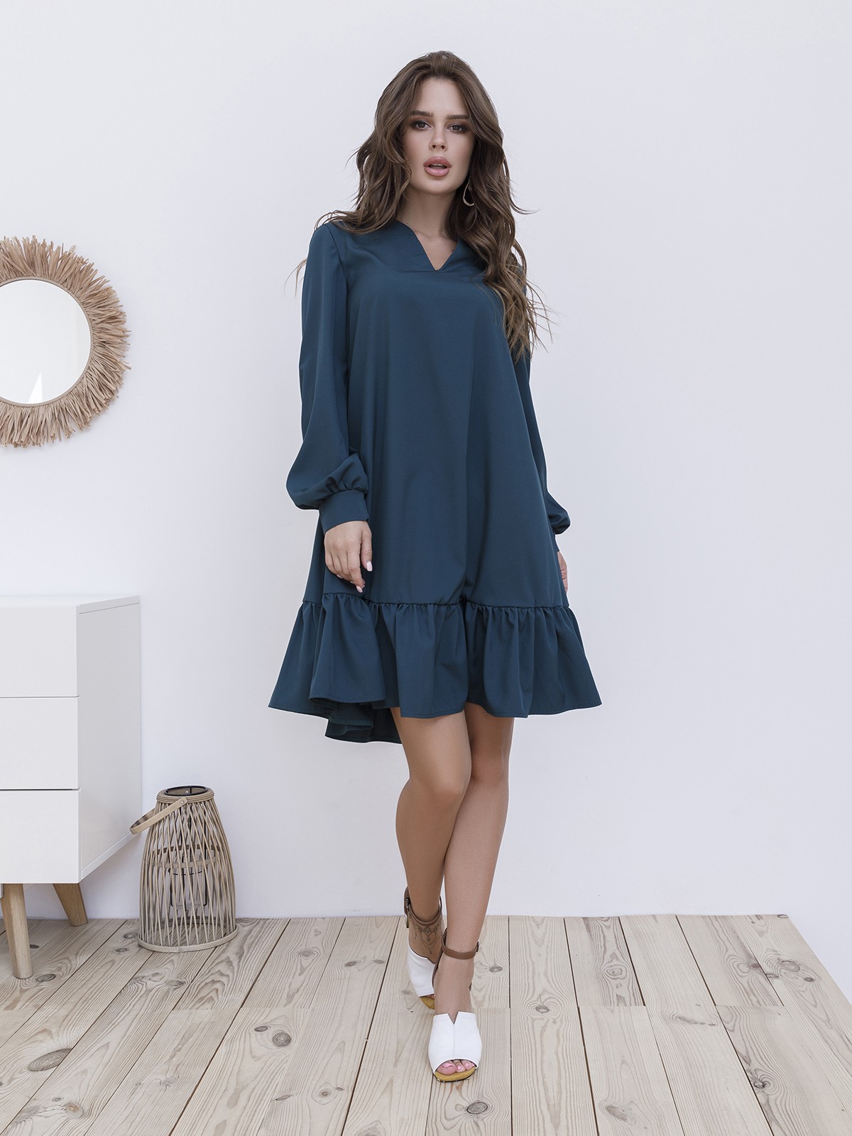 Green Shift Dress A-Line with Flounce